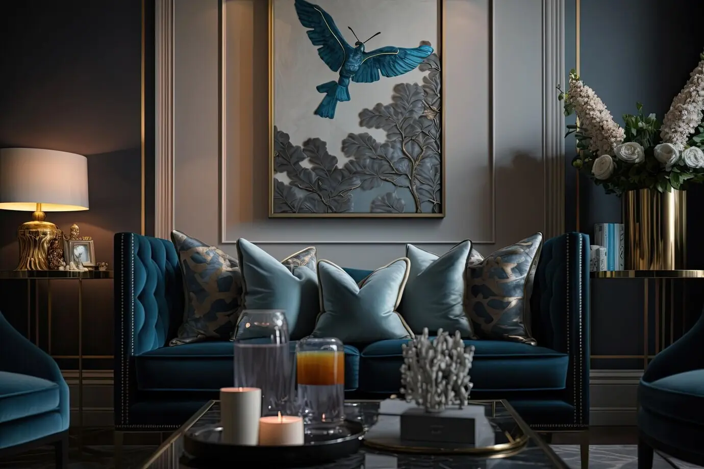 Ein Wohnzimmer mit einem blauen Vogel an der Wand.